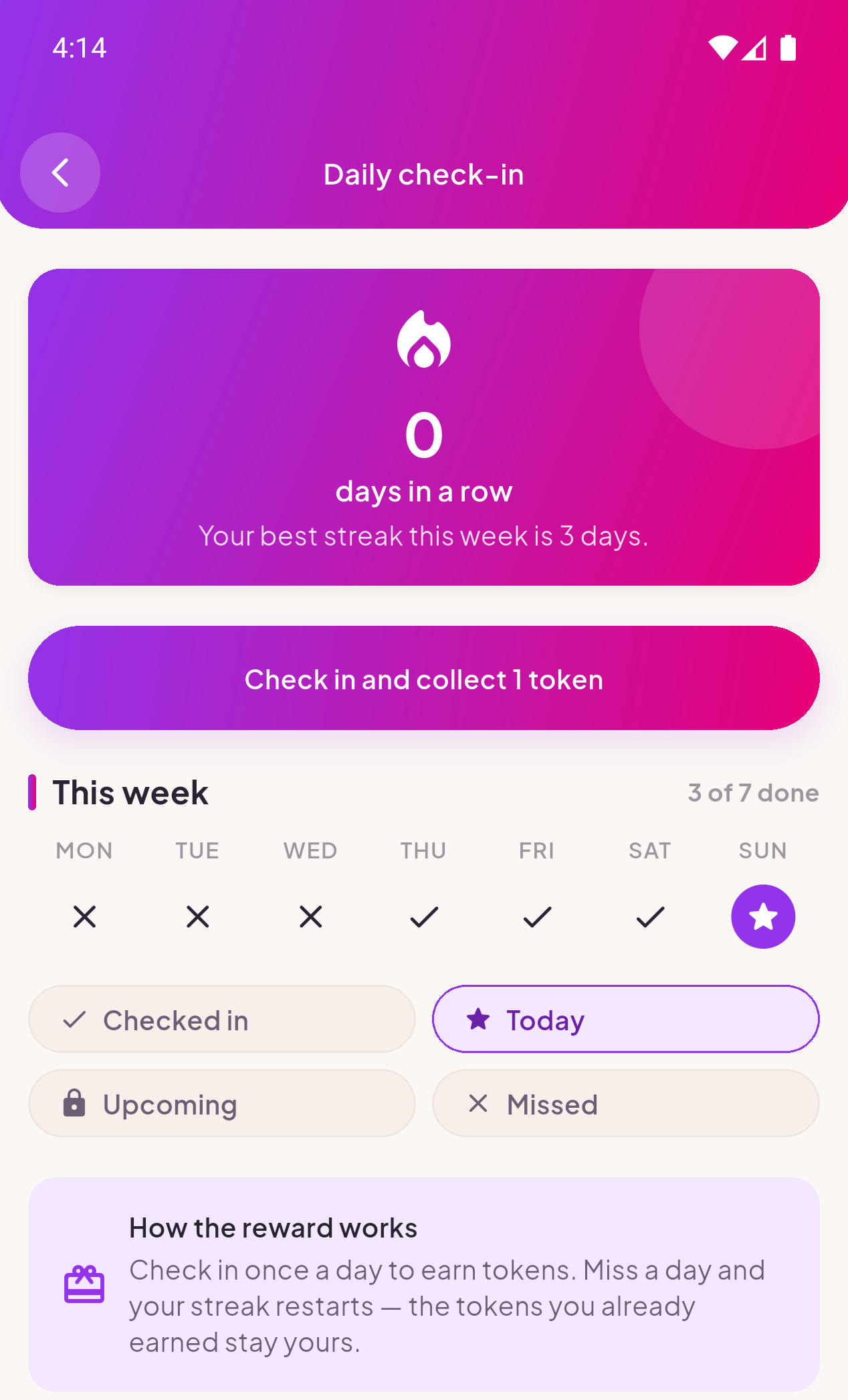 A daily check-in screen in Sojiwa showing a weekly calendar and a streak of consecutive days